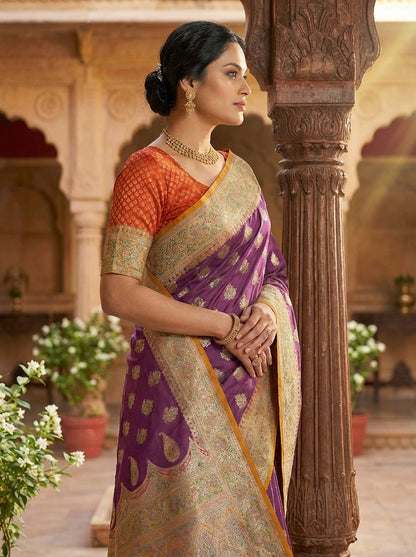 Classic Purple Satin Silk Saree with Rich Zari Work