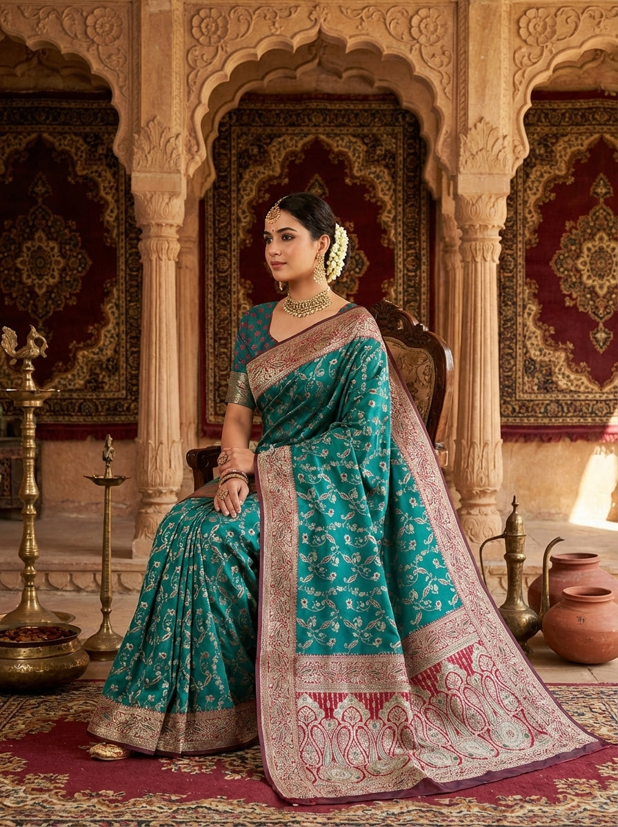 Teal Royale Satin Saree
