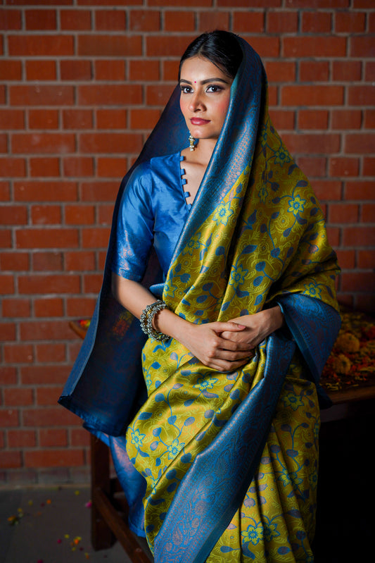 Blue & Mustard Yellow Kanjivaram Silk Saree