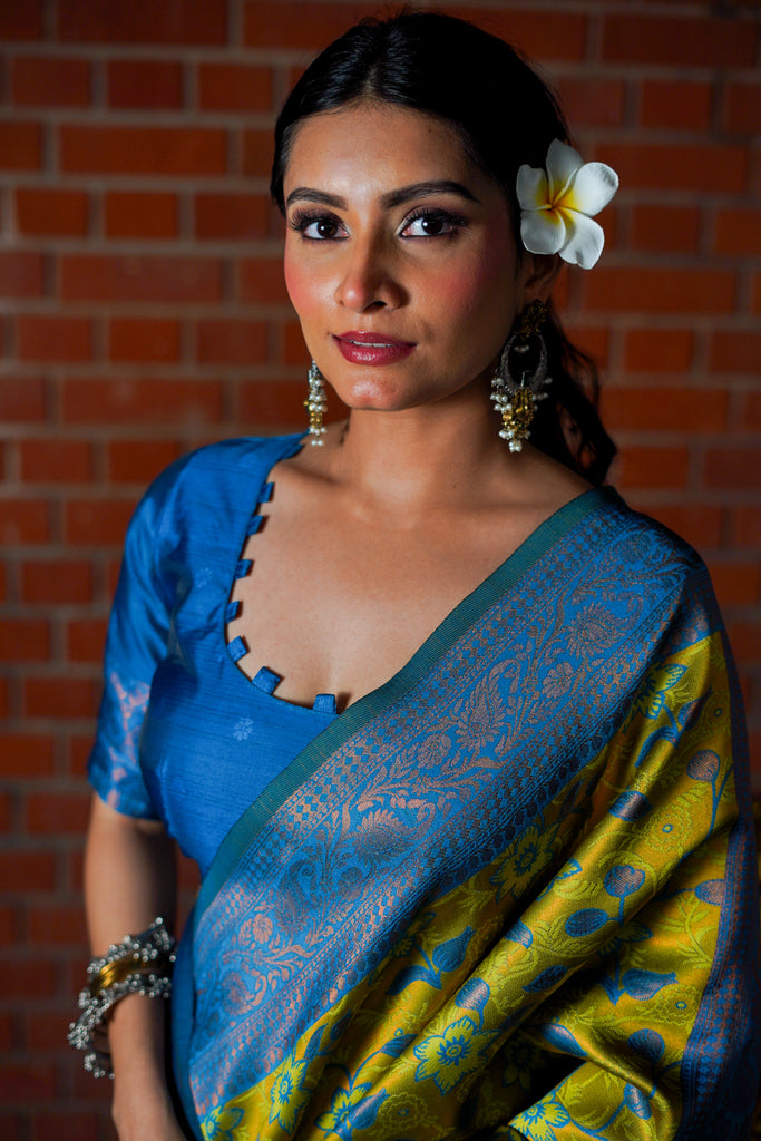 Blue & Mustard Yellow Kanjivaram Silk Saree