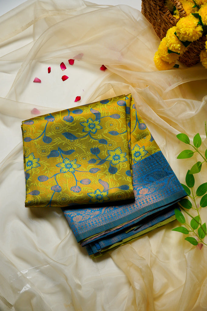 Blue & Mustard Yellow Kanjivaram Silk Saree