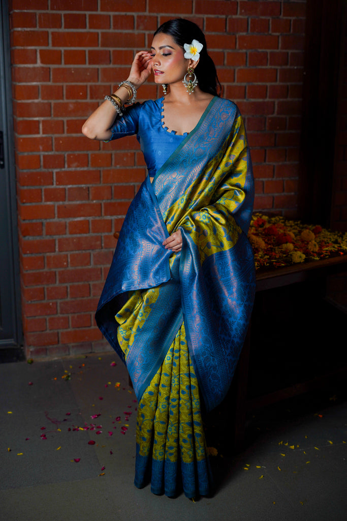 Blue & Mustard Yellow Kanjivaram Silk Saree