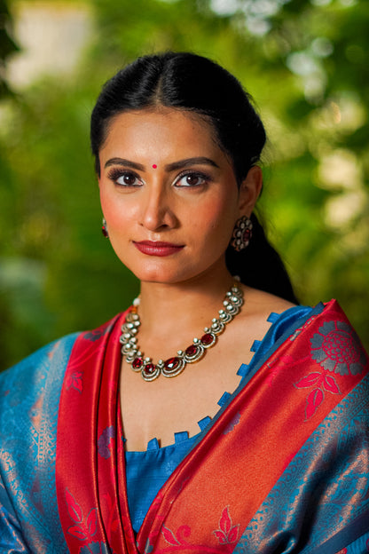 Sky Blue & Red Kanjivaram Silk Saree with Floral Zari Weave