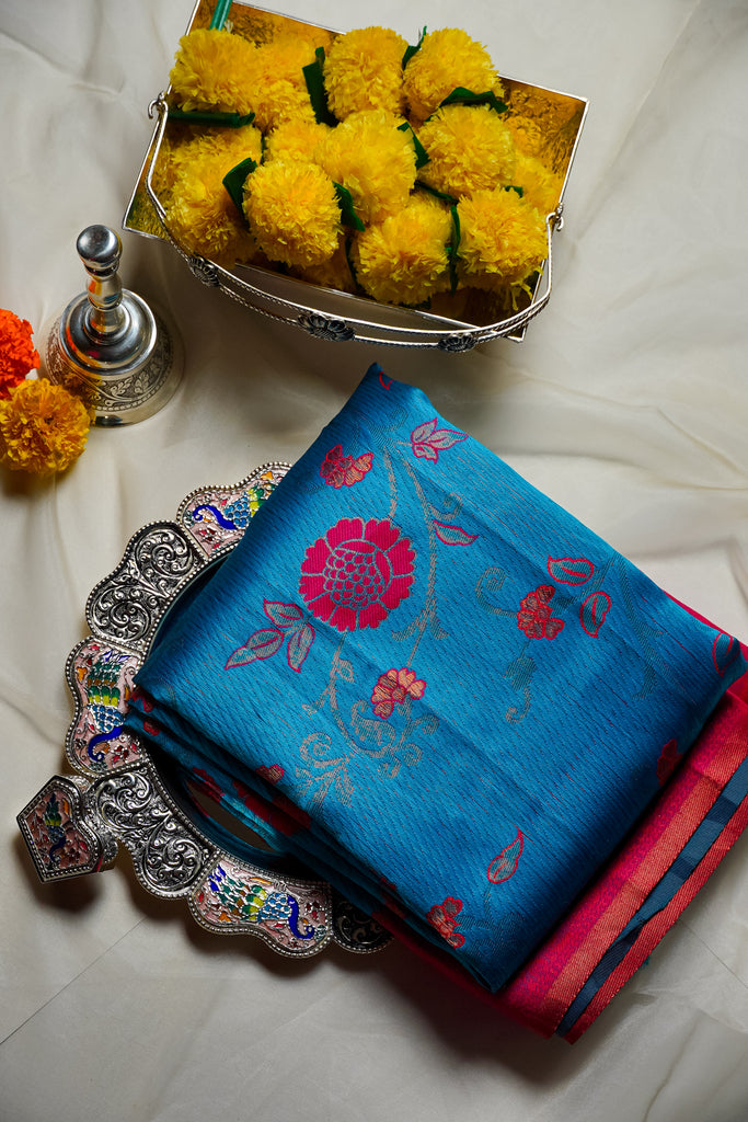 Sky Blue & Red Kanjivaram Silk Saree with Floral Zari Weave