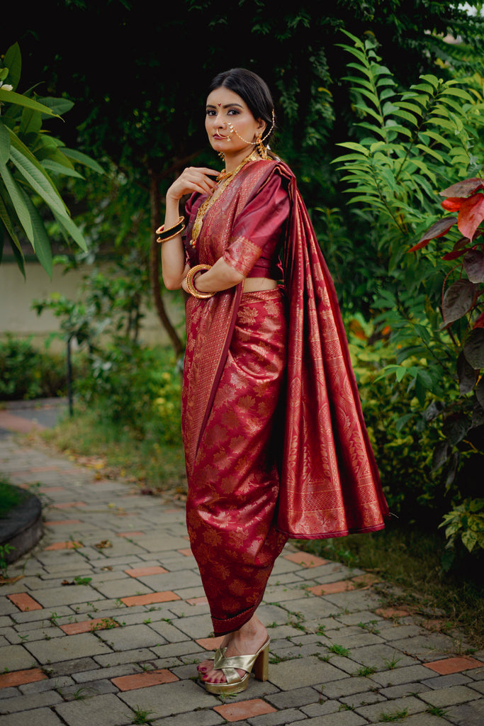 Velizaa Maroon Banarasi Silk Saree with Golden Zari Work