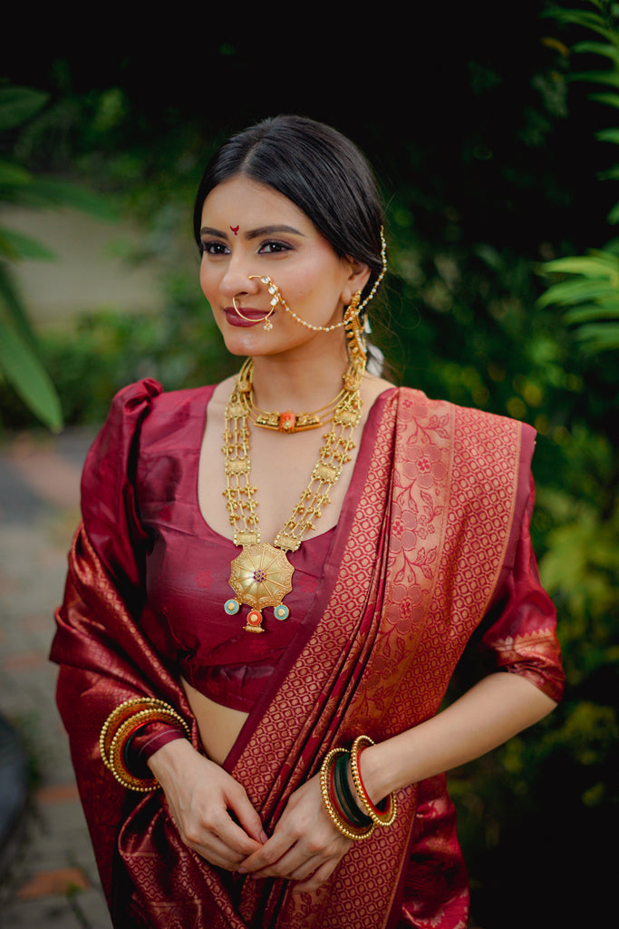 Velizaa Maroon Banarasi Silk Saree with Golden Zari Work