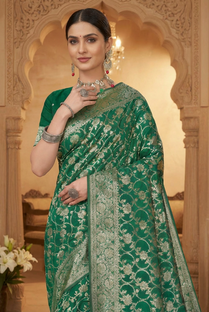 Emerald Dark Green Woven Banarasi Silk Saree